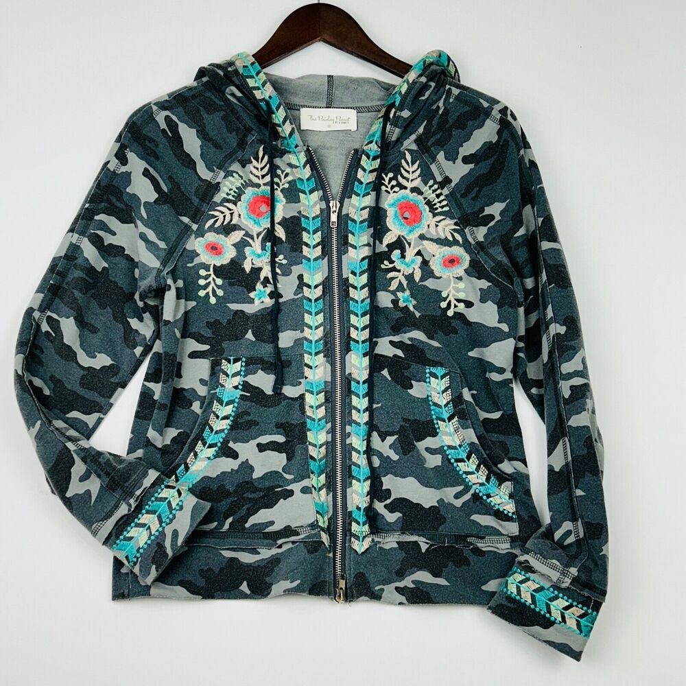 Women's Camouflage Hoodie Full Zip Embroidered Raw Edge Army Gray S Shabby Chic - Picture 2 of 16